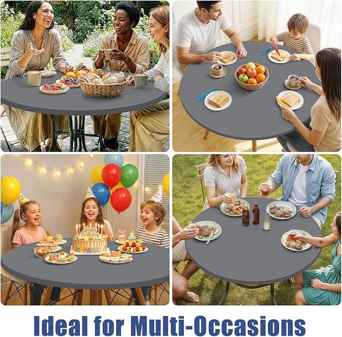 Round Spandex Tablecloth, Elastic Fitted Waterproof Tablecloths for 36"-44" Tables, Stretch Washable Picnic Table Cover for Camping, Dining, Indoor and Outdoor, Grey