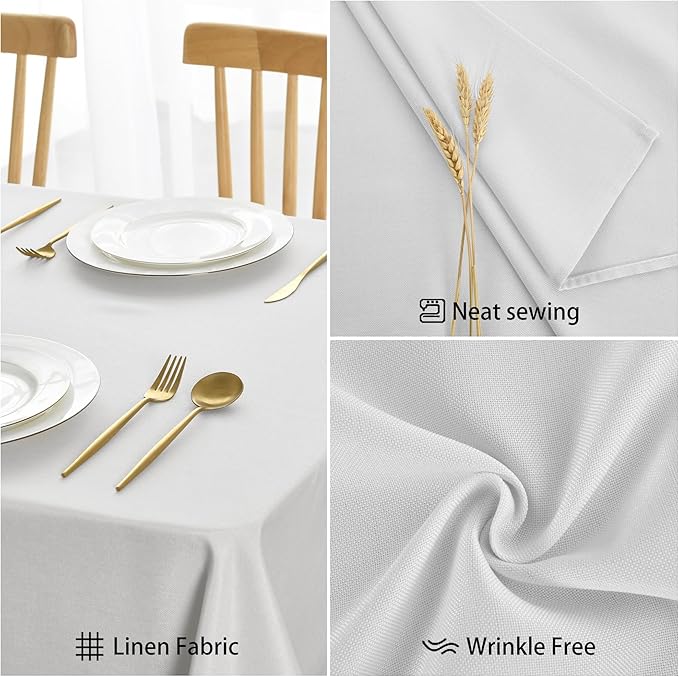 JIUZHEN Faux Linen Farmhouse Tablecloth Rectangular, Wrinkle Stain Resistant Table Cloth Rectangle Table Cover for Kitchen Dining, Holiday Party Dinner, White, 54 x 120 Inch