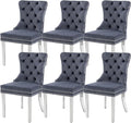 KCC Velvet Dining Chairs Set of 6, Upholstered High-end Tufted Dining Room Chair with Nailhead Back Ring Pull Trim Stainless Steel Legs, Contemporary Nikki Collection Modern Style for Kitchen, Gray