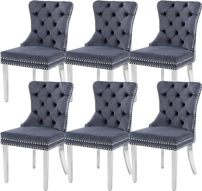 KCC Velvet Dining Chairs Set of 6, Upholstered High-end Tufted Dining Room Chair with Nailhead Back Ring Pull Trim Stainless Steel Legs, Contemporary Nikki Collection Modern Style for Kitchen, Gray