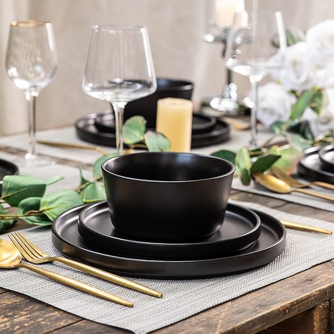 AmorArc Ceramic Plates Set of 6, Matte Glaze 8.0 Inch Dishes Set for Kitchen, Dessert,Salad,Appetizer, Small Dinner Plates, Microwave & Dishwasher Safe, Scratch Resistant, Matte Black