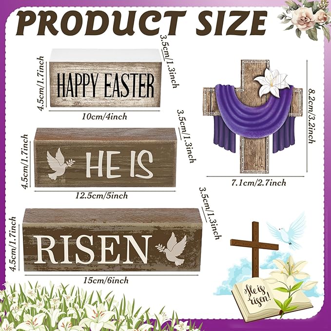 4 Pcs Easter Decorations He Is Risen Wooden Sign Christian Table Centerpiece Religious Cross Tiered Tray Decor Decorative Faux Book Stack Block for Table Fireplace Mantel Floating Shelf