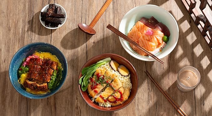 8 Inch Ceramic Ramen Bowl Set of 2, 40oz Japanese Bowls with Spoons & Chopsticks,Durable,Microwave & Dishwasher Safe,Perfect for Ramen,Pho,Salad,Soup,Noodles，Mixing bowls（Amber）