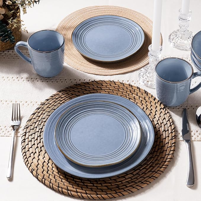 Famiware Plates and Bowls Sets 18-Piece Stoneware Dinnerware Sets, Dishes Set for 6, Hand-made Reactive Glaze Dish Set, Twilight Series, Blue