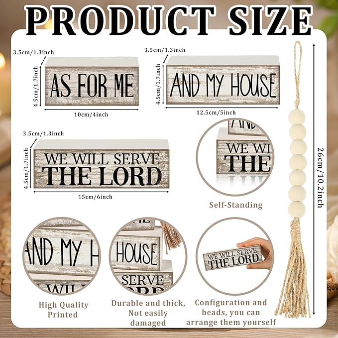 4 Pcs Farmhouse Bible Verse Decor Farmhouse Tiered Tray Decor Rustic Retro Wood Bead Garlands for Me and My House We Will Serve the Lord Block Christian Jesus Sign for Home Shelf Mantel