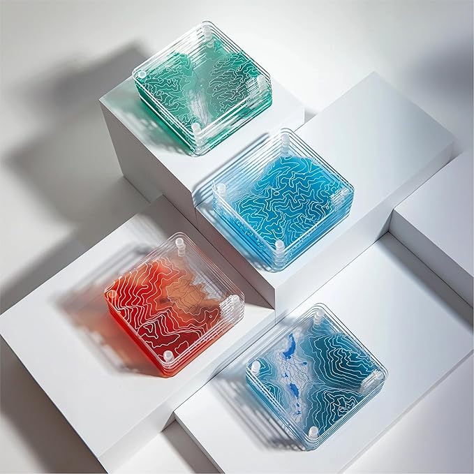 Park City, UT 3D Contour Map Glass Drink Coasters of Mountains, Ski Resort, Set of 6 with Holder, Housewarming Birthday Gifts, Home Decor