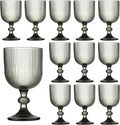 12 Pcs Vintage Wine Glasses, 11 Ounces Colored Glass Water Goblets, Unique Embossed Pattern High Clear Stemmed Glassware Wedding Party Bar Glass Drinking Cups Fancy Glasses Vertical Line Grey Set