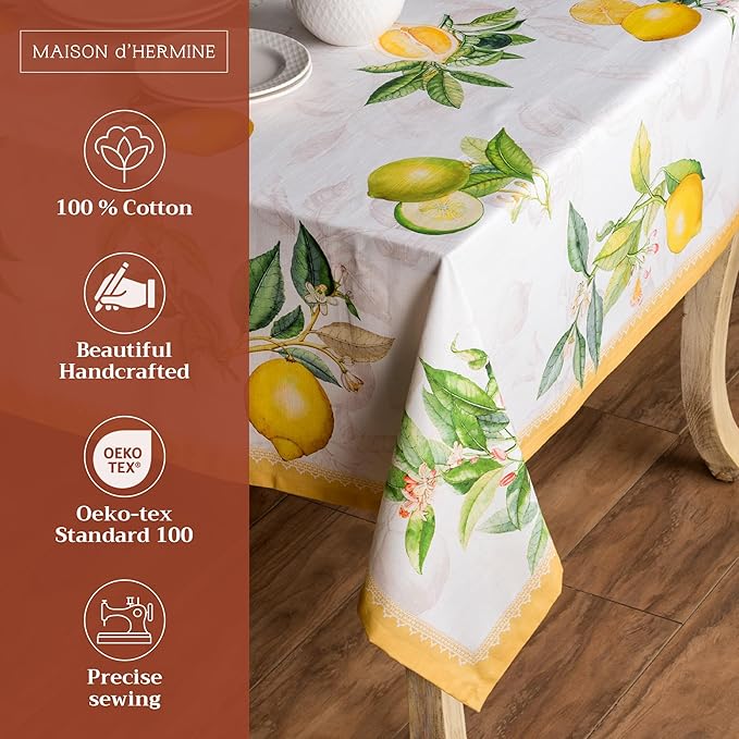 Maison d' Hermine Table Cloth Rectangle Table 100% Cotton 70 x 120 Inches Tablecloth Reusable Decorative for Dining Room Farmhouse Home Valentines Day Decorations Spring Summer - Limoncello