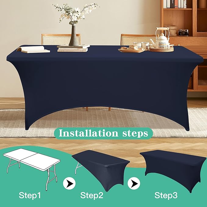 6Pack 6FT Table Cloth for Rectangular Fitted Events Stretch Navy Blue Table Covers Washable Spandex Tablecloth Protector for Party, Wedding, Cocktail, Banquet, Festival