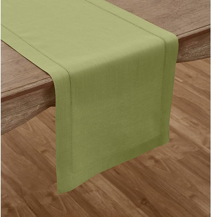 Solino Home Linen Moss Green Table Runner 72 Inches Long - 100% Pure Linen Hemstitch Table Runner 14 x 72 Inch for Dresser, Dining, Winter, Spring, Easter, St Patricks Day - Classic Hemstitch