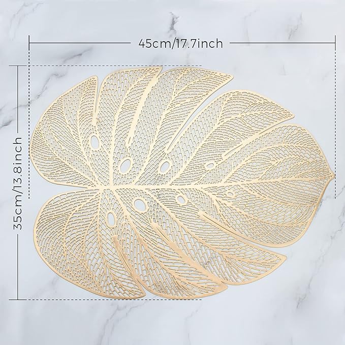 Evevda Gold Leaf Shaped Vinyl Placemats for Dinner Table Set of 6 Metallic Plastic Gold Place Mats Wipeable 6Pcs Table Mats for Wedding Annersary Dinner Table Decoration Mats(17.7x13.8inch/45x35cm)