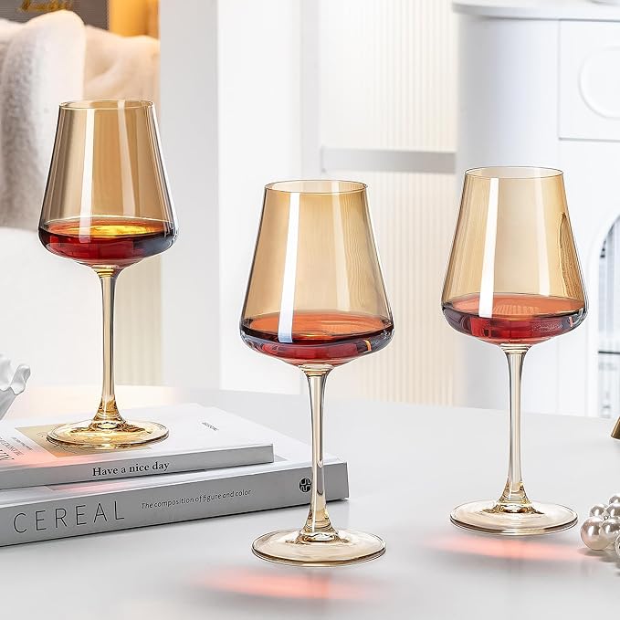 PTSTING Wine Glasses Set of 4 Amber Wine Glass 14oz Glassware for Tasting,Wedding,Anniversary,Christmas, Birthday