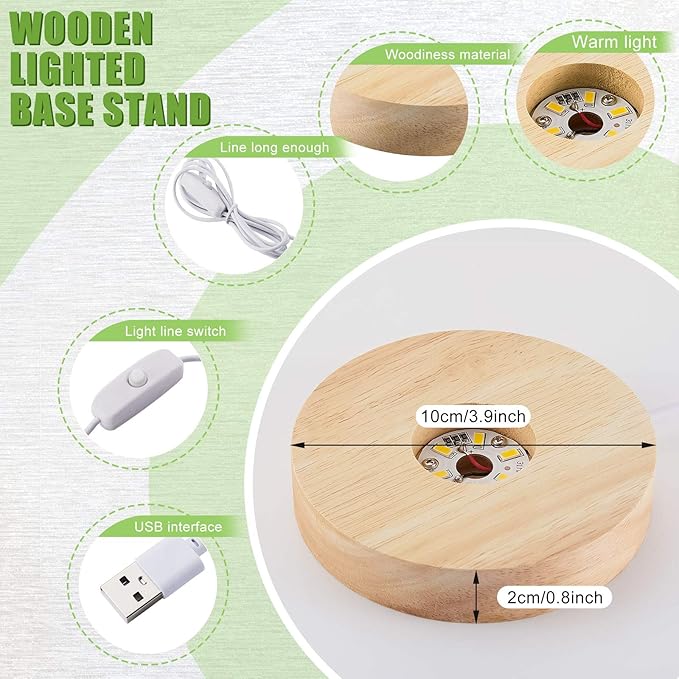 Honoson 8 Pcs Wooden LED Display Base Lighted Base for Crystal Art Wood Display for Glass Art 3D Crystal Warm Light(Round Surface Style)