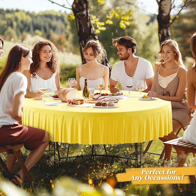 2 Pack Yellow Spandex Round Tablecloths for 60 inch Table, Stretchy Fitted 5FT Round Table Cloths with Wrinkle Free Skirt for Wedding Party Dining Banquet