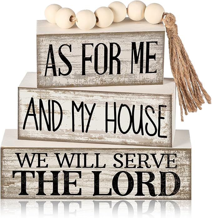4 Pcs Farmhouse Bible Verse Decor Farmhouse Tiered Tray Decor Rustic Retro Wood Bead Garlands for Me and My House We Will Serve the Lord Block Christian Jesus Sign for Home Shelf Mantel