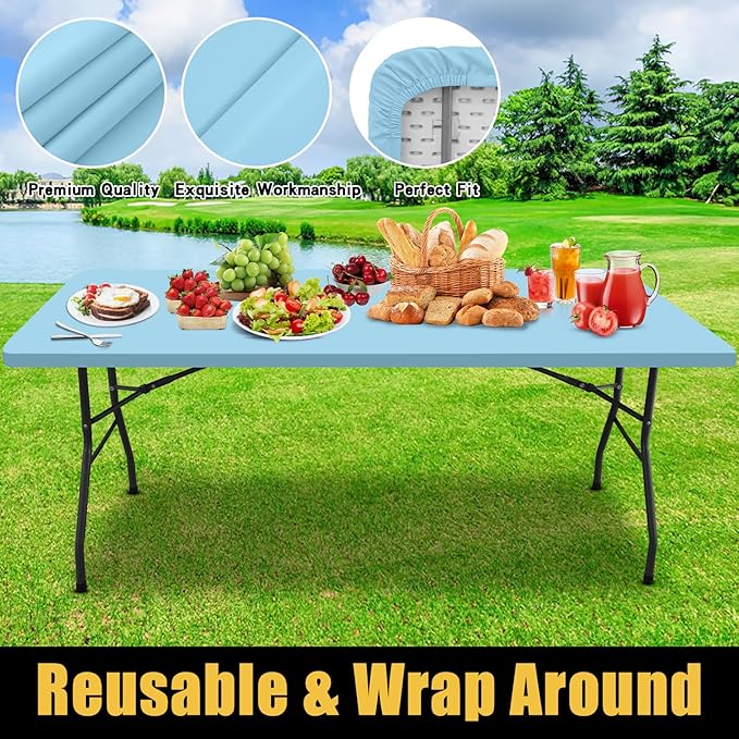 Smiry Rectangle Picnic Table Cloth, Waterproof Elastic Fitted Tablecloths for 5 Foot Tables, Washable Polyester Table Cover for Camping, Indoor and Outdoor (Light Blue, 30"x60")