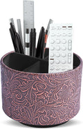 lizimandu Round Leather Art Supply Organizer,Remote Control Holder,360 Degree Spinning,Multi-Functional Pencil Holder,4 Compartments Desktop Stationary Organizer(1-Carved Cooper Red)