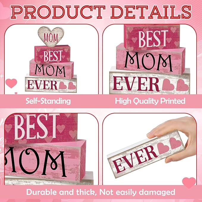 4 Pcs Mothers Day Table Decorations Mothers Day Tiered Tray Decor Mom Wooden Sign Mothers Day Centerpiece Decorative Faux Book Stack Block for Coffee Table Fireplace Mantel Floating Shelf