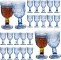24 Pack Vintage Wine Glasses, Plastic Reusable 12 Ounce Colored Water Goblets, Unique Flower Embossed Pattern Unbreakable Stemmed Wine Glasses High Clear Wedding Party Bar Drinking Cups Blue