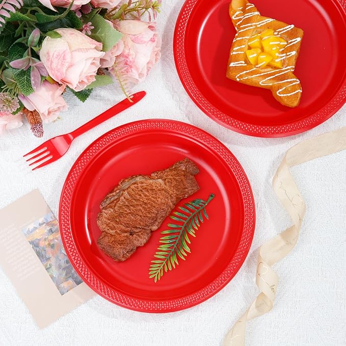 WELLIFE Red Party Plates 9 Inch -150 Count, Plastic Disposable Plates for Dinner Party Easter Mother's Day