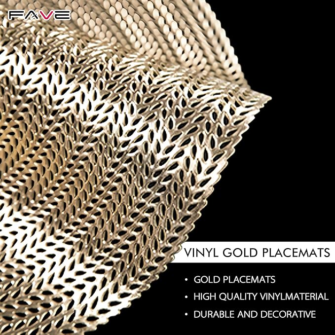 FAVE 4PCS Gold Vinyl Round Placemats, Wheat Sheaf Design 15 Inch Placemats Set of 4 Washable for Dining, Events, Banquet, Home & Daily Use (Gold Wheat,4pcs)