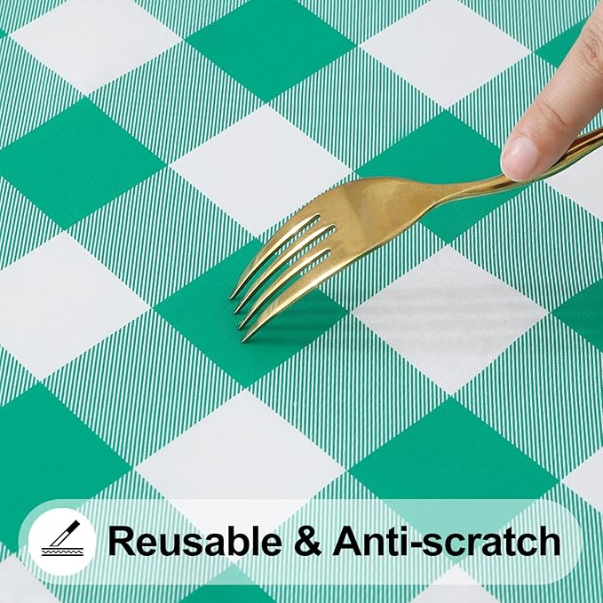 Smiry Rectangle Picnic Table Cloth, Elastic Waterproof Fitted Vinyl Tablecloths, Flannel Backed Buffalo Plaid Table Covers for Dining, Camping, Outdoor (White and Green, 30" x 96")