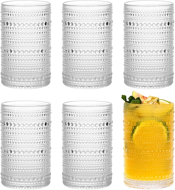 Moretoes Hobnail Drinking Glasses Set of 6,12 Oz Highball Glasses Clear Embossed Boho Water Glass Cups Kitchen Bar Tumbler Glassware Set for Whiskey, Beer, Juice, Milk and Various Mixed Drinks (Clear)