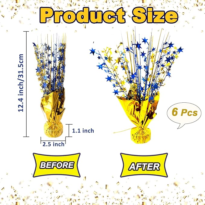 6 Pack 2026 Graduation Table Centerpiece Party Decoration Metallic Foil Spray Centerpiece Glitter Decor Star Tabletop for Graduation New Year Birthday Holiday Party Favor, Blue and Gold