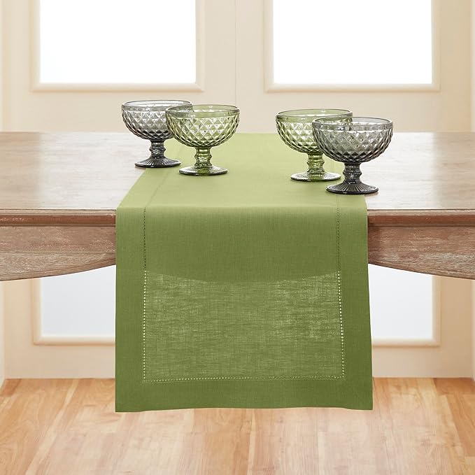 Solino Home Linen Moss Green Table Runner 72 Inches Long - 100% Pure Linen Hemstitch Table Runner 14 x 72 Inch for Dresser, Dining, Winter, Spring, Easter, St Patricks Day - Classic Hemstitch