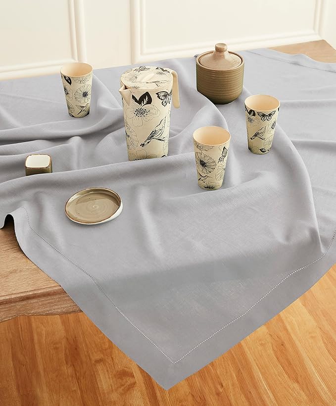 Solino Home Soft Grey Linen Tablecloth 52 x 52 Inch - 100% Pure Linen Square Table Throw - Classic Hemstitch, Machine Washable Table Cloth for Winter, Spring, Easter