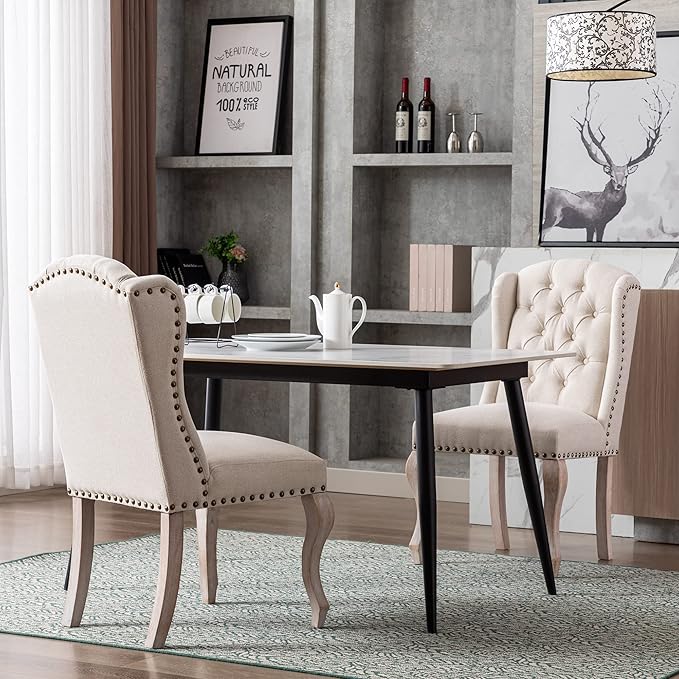 Dining Chairs Set of 4 Farmhouse Linen Fabric Upholstered Accent Chairs Tufted Wingback Host Side Chair for Kitchen/Dining Room/Living Room/Bedroom, Cream