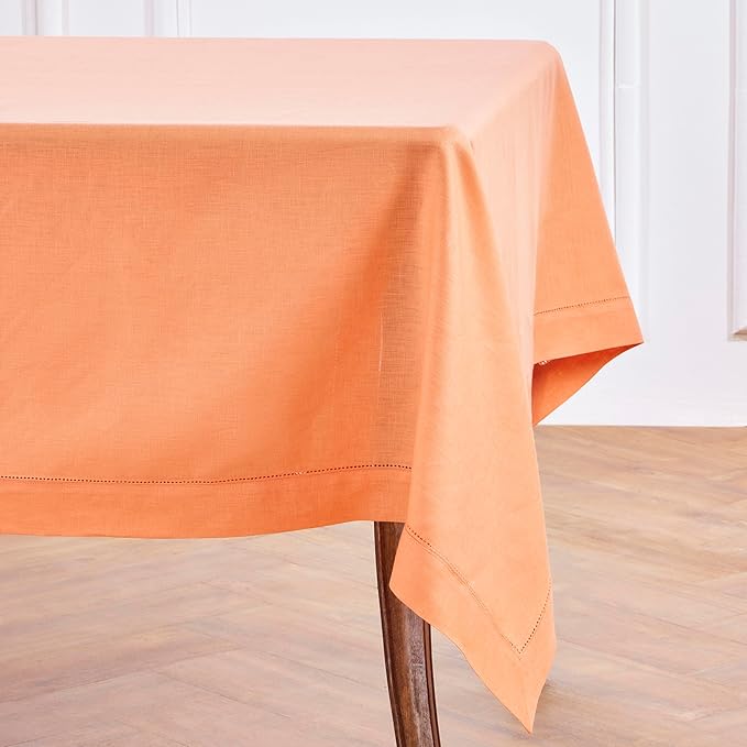 Solino Home Linen Tablecloth for Rectangle Tables 60 x 90 Inch - Classic Hemstitch 100% Pure Linen Coral Table Cloth - Machine Washable Cloth Tablecloth for Valentines, Spring, Easter