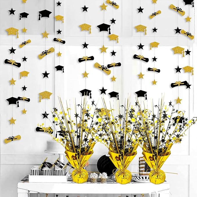 6 Pack 2026 Graduation Table Centerpiece Party Decoration Metallic Foil Spray Centerpiece Glitter Decor Star Tabletop for Graduation New Year Birthday Holiday Party Favor, Black and Gold