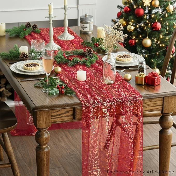Artoid Mode Red Gold Gauze Table Runner 59x120 Inch 10FT, Glitter Metallic Foil Sheer Dining Wedding Anniversary Holiday Table Decor for Home Party