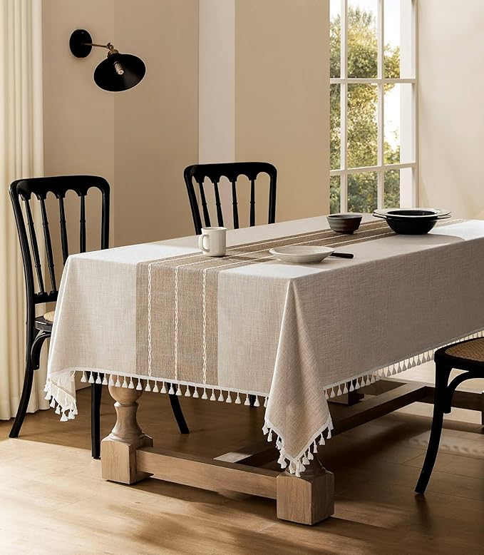 ZeeMart Contrast Linen Table Cloth Rectangle Table Cloths 60x120 Inch Brown, Farmhouse Style Heavy Weight Beige Tablecloth, Water Resistant Burlap Tablecloths