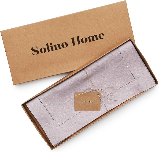 Solino Home Linen Table Runner 48 Inches - 100% Pure Linen Lilac Hemstitch Table Runner 14 x 48 Inch Ideal for Dresser and Coffee Tables, Valentines, Spring, Easter - Classic Hemstitch
