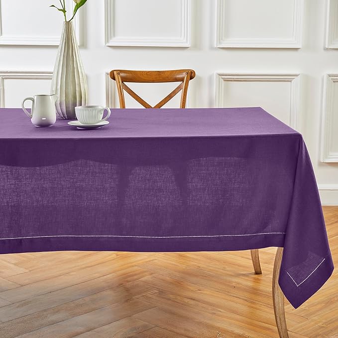Solino Home Linen Tablecloth 60 x 108 Inch - Classic Hemstitch 100% Pure Linen Purple Table Cloth for Rectangle Tables - Machine Washable Tablecloth for Valentines, Spring, Easter