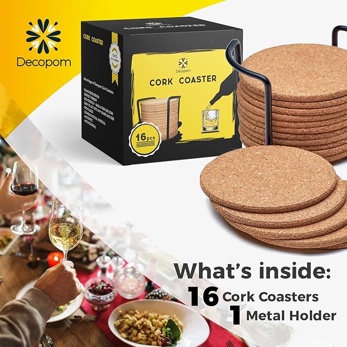 Cork Coasters for Drinks with Metal Holder - 16 Pcs Round 4 inch Drink Coaster Thick Absorbent Heat-Resistant Saucer - Used for Cold Hot Beverages Glasses Mugs Cups Plants Apartment Decor Bar Table