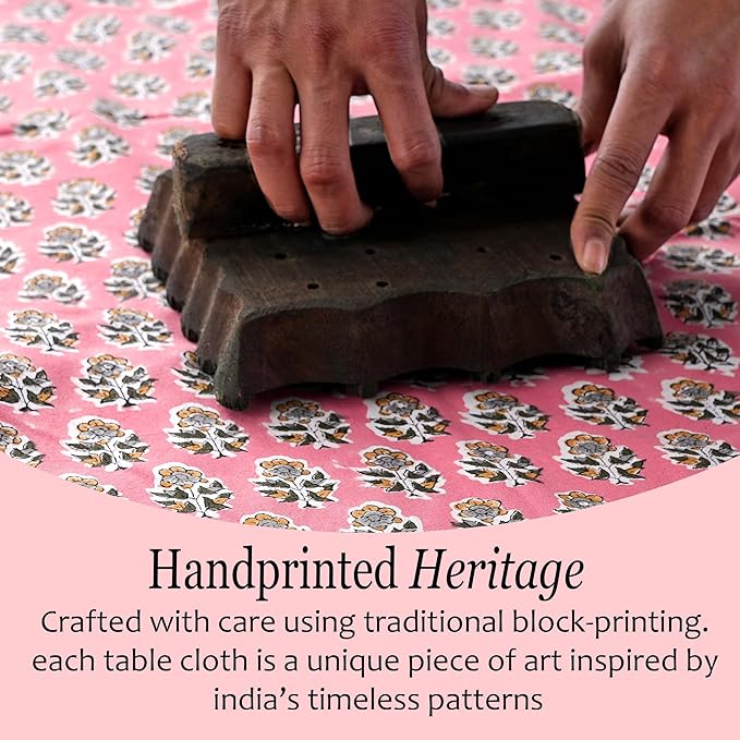 CPC Tablecloth 100% Cotton 70x108 Inch Indian Block Print Rectangle Table Cover, Washable Table Cloth for Weddings, Spring/Summer, Barbeque - Poppy Pink