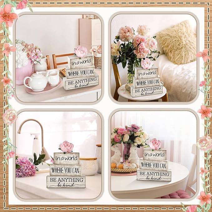 4 Pcs Farmhouse Flower Wooden Tabletop Decor Farmhouse Tiered Tray Decor Rustic Faux Decorative Wood Block Sign Inspired Gift Centerpiece Table sign for Home Shelf Supplies