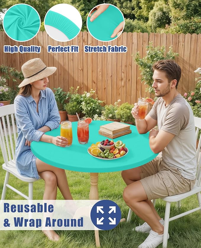 Round Spandex Tablecloth, Elastic Fitted Waterproof Tablecloths for 42"-50" Tables, Stretch Washable Picnic Table Cover for Camping, Dining, Indoor and Outdoor,Aqua Blue