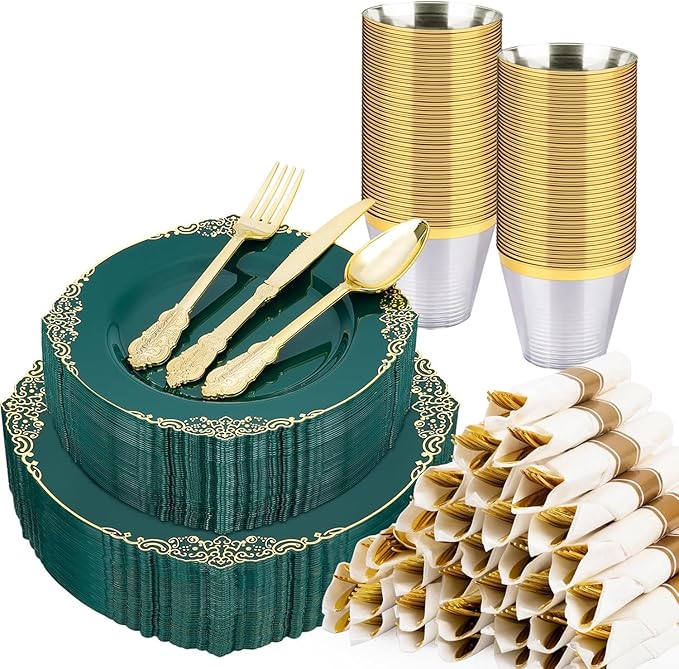 350 PCS Green and Gold Plastic Plates, Plastic Dinnerware Set for 50 Guests, 100 Disposable Plates, 150 Silverwares, 50 Cups, 50 Napkins for Party, Wedding, Graduation