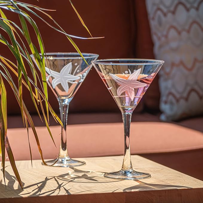 Rolf Glass Starfish Martini Glass 10 Ounce | Set of 2 Stemmed Martini Glasses | Lead-Free Crystal Glass | Diamond-Wheel Etched Coastal Glassware | Made in the USA