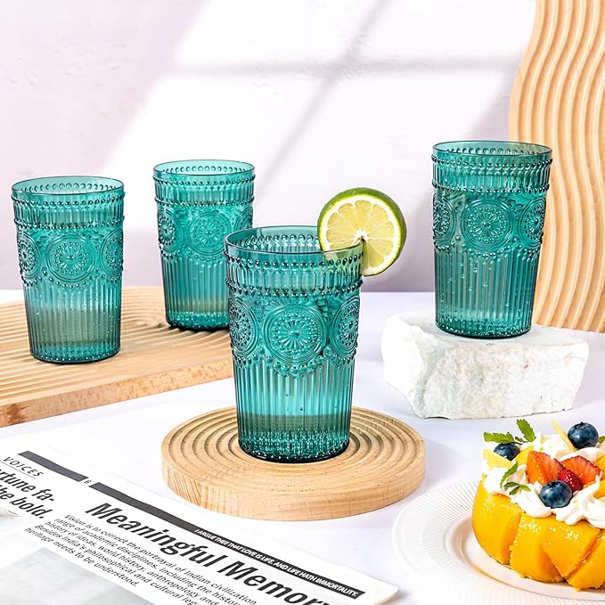 Ciaell 12 Pack Romantic Plastic Water Glasses - 14 Oz Green Vintage Drinking Glasses, Embossed Ribbed Plastic Cups, Textured Striped Set for Juice, Beverages, Beer, Cocktail