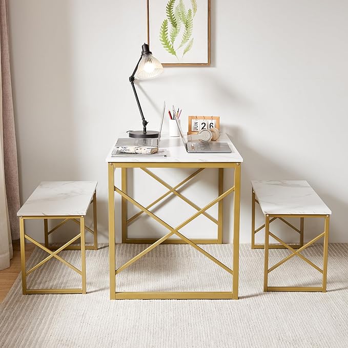 VECELO Kitchen Table with 2 Benches for 4, Wood Dining Room Dinette Sets with Metal Frame for Breakfast Nook and Small Space