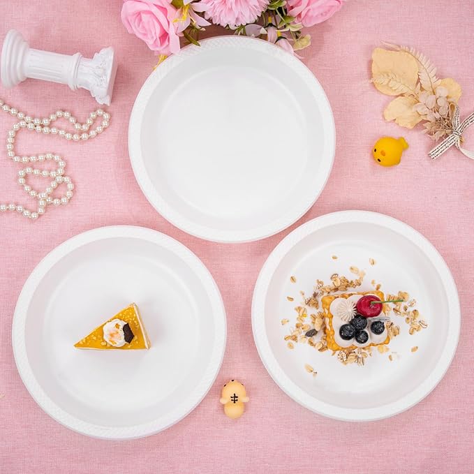 WELLIFE White Plastic Plates 9 Inch -150 Count for Party, Disposable Plastic Party Plates for Wedding Dinner Birthday Engagement