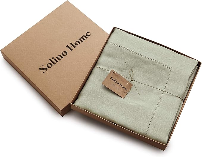 Solino Home Linen Tablecloth 60 x 108 Inch - Classic Hemstitch 100% Pure Linen Sage Green Table Cloth for Rectangle Tables - Machine Washable Tablecloth for Winter, Spring, Easter, St Patricks Day