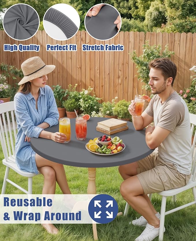 Round Spandex Tablecloth 2 Pack, Elastic Fitted Waterproof Tablecloths for 31"-35" Tables, Stretch Washable Picnic Table Cover for Camping, Dining, Indoor and Outdoor, Grey