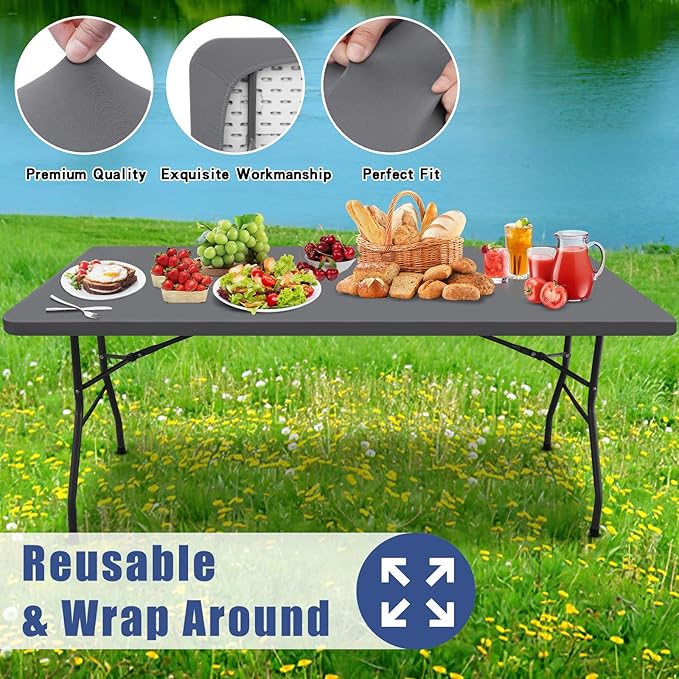 Spandex 4 Foot Rectangle Table Cloth 2 Pack, Elastic Fitted Tablecloths for Picnic, Stretch Washable Patio Table Cover for Outdoor, Camping, Banquet and Parties (Grey, 24"x48")