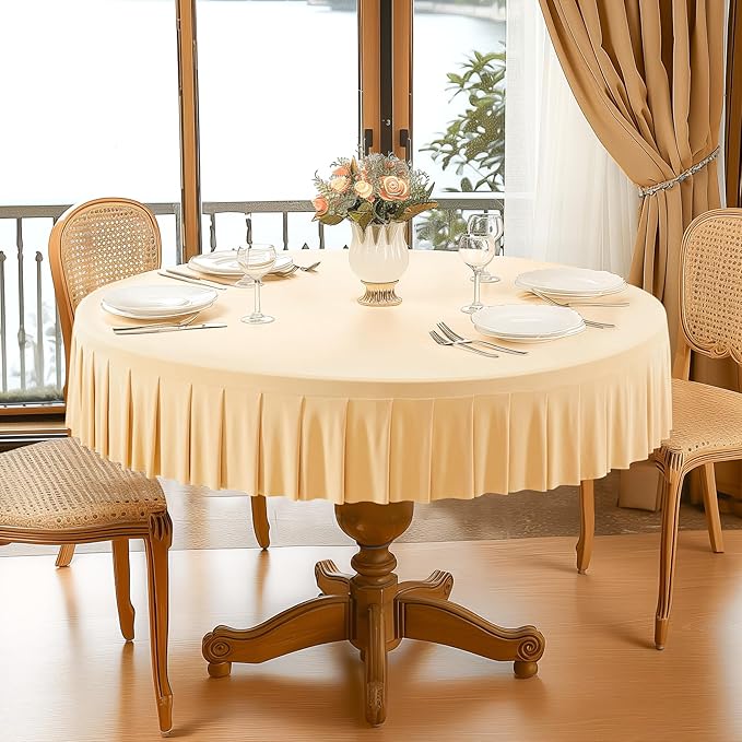 1 Pack Champagne Spandex Round Tablecloths for 60 inch Table, Stretchy Fitted 5FT Round Table Cloths,Wrinkle Free Table Cover with Skirt for Wedding Party Dining Banquet